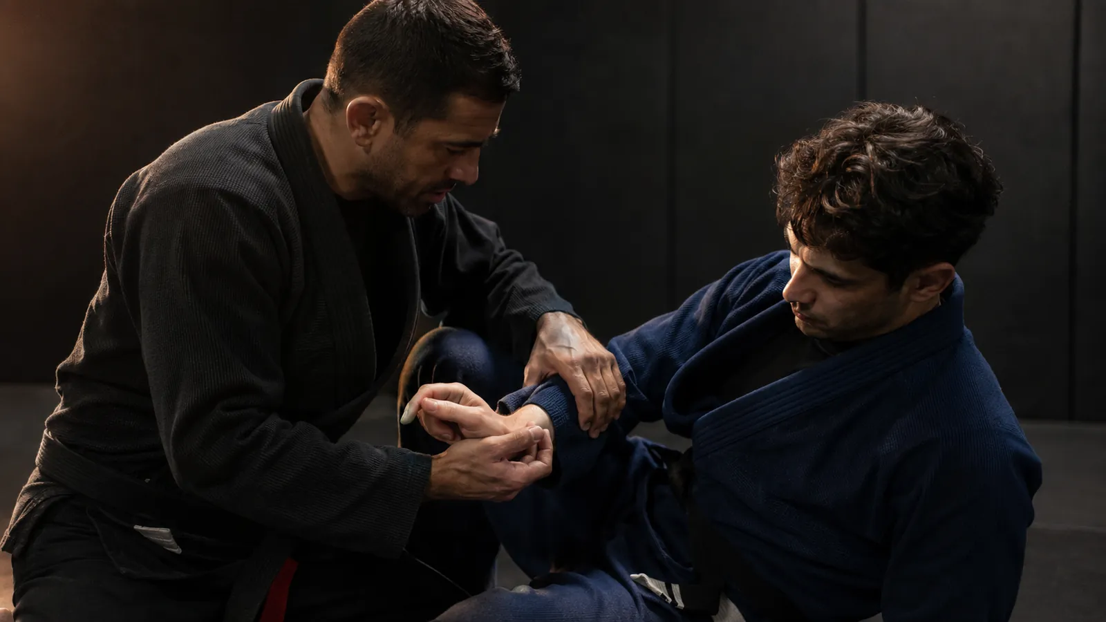 A coach adjusting a student's grip during a private jiu-jitsu lesson