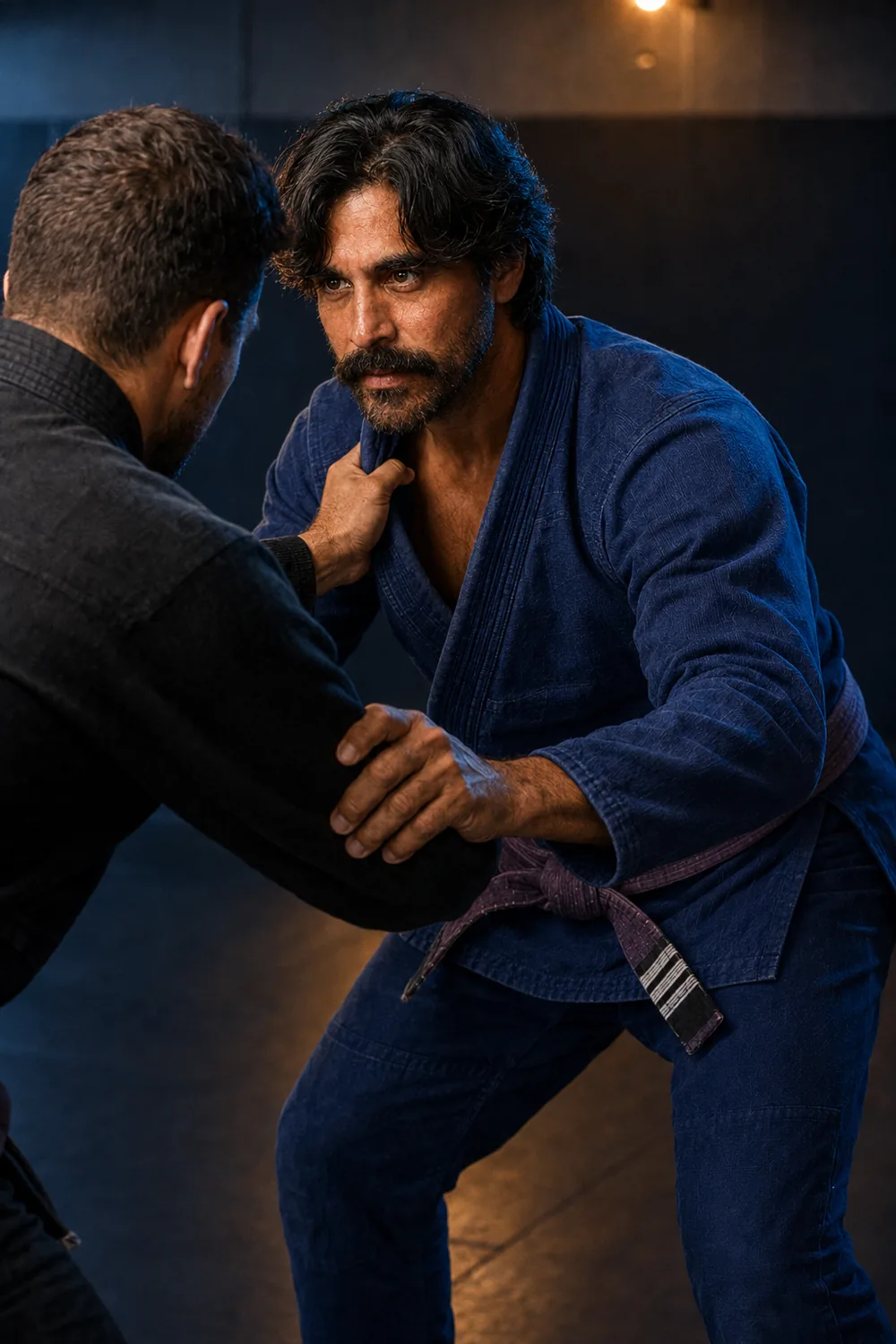 Matt in a navy gi fighting for a collar grip against a training partner