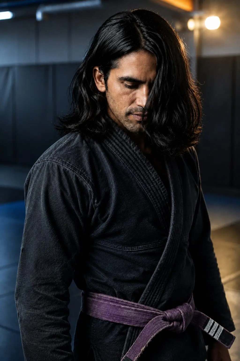 Matt McAlexander in a worn black gi and faded three-stripe purple belt, looking down in a quiet academy room